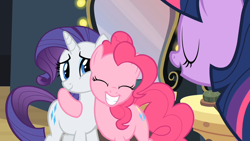 Size: 1280x720 | Tagged: safe, screencap, pinkie pie, rarity, twilight sparkle, earth pony, pony, unicorn, g4, hearth's warming eve (episode), season 2, ^^, cute, diapinkes, eyes closed, female, hug, mare, open mouth, smiling, trio, trio female, unicorn twilight