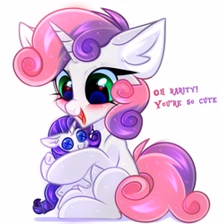 Size: 2932x3000 | Tagged: safe, artist:pesty_skillengton, rarity, sweetie belle, pony, unicorn, g4, blushing, chibi, cute, dialogue, diasweetes, female, filly, foal, happy, heart, heart eyes, high res, open mouth, plushie, rarity plushie, simple background, solo, weapons-grade cute, white background, wingding eyes