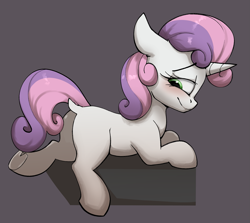 Size: 2031x1810 | Tagged: safe, artist:luxsimx, sweetie belle, pony, unicorn, g4, blushing, butt, commission, dock, explicit source, female, filly, foal, green eyes, looking back, plot, simple background, solo, tail