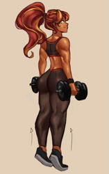 Size: 597x948 | Tagged: safe, artist:nire, sunset shimmer, equestria girls, g4, ass, breasts, bunset shimmer, busty sunset shimmer, butt, clothes, dumbbell (object), exercise, female, hairband, human coloration, leggings, looking at you, looking back, looking back at you, muscles, muscular female, no pupils, pants, shoes, smiling, smiling at you, sports bra, sports shoes, sunset lifter, training, weight lifting, weights, wristband, yoga pants