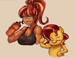 Size: 1181x906 | Tagged: safe, artist:nire, sunset shimmer, human, pony, unicorn, equestria girls, g4, alternate hairstyle, beige background, biceps, bottle, breasts, busty sunset shimmer, cleavage, clothes, dripping, eyes closed, female, flexing, funny, hairband, human coloration, human ponidox, lips, mare, muscles, muscular female, no pupils, ponytail, self paradox, self ponidox, simple background, smiling, smirk, sports bra, sunset lifter, sweat, water bottle