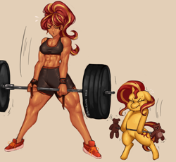 Size: 1042x959 | Tagged: safe, artist:nire, sunset shimmer, pony, unicorn, equestria girls, abs, alternate hairstyle, barbell, bipedal, breasts, busty sunset shimmer, cleavage, clothes, curvy, dripping, exercise, eyes closed, female, funny, hairband, human coloration, human ponidox, mare, midriff, muscles, muscular female, plushie, ponytail, self paradox, self ponidox, shorts, sports bra, sports shoes, sports shorts, sunset lifter, sweat, teddy bear, thighs, thunder thighs, training, weight lifting, wristband