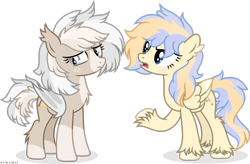Size: 3022x1985 | Tagged: safe, artist:suramii, oc, oc only, oc:cuddy, oc:souvenir, bat pony, pegasus, pony, bat pony oc, bat wings, chest fluff, coat markings, crying, duo, duo female, ear fluff, ear tufts, facial markings, female, folded wings, freckles, frown, full body, hooves, leg fluff, looking at someone, mare, open mouth, pegasus oc, raised hoof, shadow, show accurate, signature, simple background, slit pupils, snip (coat marking), socks (coat markings), standing, tail, transparent background, two toned mane, two toned tail, unshorn fetlocks, wings