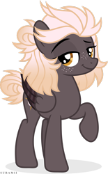 Size: 1927x3113 | Tagged: safe, artist:suramii, oc, oc only, oc:night vision, pegasus, pony, :t, female, folded wings, freckles, full body, high res, hooves, lidded eyes, mare, pegasus oc, raised eyebrow, raised hoof, shadow, show accurate, signature, simple background, smiling, solo, standing, transparent background, wings