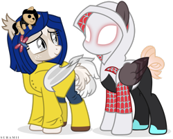 Size: 2733x2194 | Tagged: safe, artist:suramii, oc, oc:cuddy, oc:night vision, bat pony, pegasus, pony, clothes, coraline, coraline jones, costume, high res, nightmare night costume, raincoat, show accurate, simple background, spider-gwen, transparent background