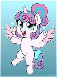 Size: 1404x1886 | Tagged: safe, artist:heretichesh, princess flurry heart, alicorn, pony, g4, bow, cute, eye clipping through hair, female, filly, filly flurry heart, flurrybetes, foal, gradient background, looking at you, older, older flurry heart, open mouth, open smile, outstretched arms, smiling, smiling at you, solo, sparkles, spread wings, tail, tail bow, wings