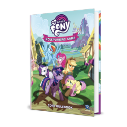 Size: 1280x1280 | Tagged: safe, applejack, fluttershy, pinkie pie, rainbow dash, rarity, twilight sparkle, alicorn, earth pony, pegasus, pony, unicorn, g4, my little pony roleplaying game, official, angry, book, book cover, canterlot, cover, female, flying, irl, looking up, mane six, mare, merchandise, narrowed eyes, offscreen character, pen and paper rpg, photo, ponyville, renegade game studios, rpg, scared, shadow, simple background, transparent background, twilight sparkle (alicorn)