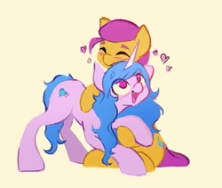 Size: 2000x1688 | Tagged: safe, artist:manicpanda, izzy moonbow, sunny starscout, earth pony, pony, unicorn, g5, blushing, cuddling, cute, eyes closed, female, heart, hug, lesbian, mare, open mouth, open smile, ship:moonscout, shipping, simple background, sitting, smiling, tan background