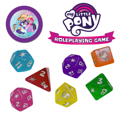 Size: 1280x1280 | Tagged: safe, applejack, fluttershy, pinkie pie, rainbow dash, rarity, twilight sparkle, g4, my little pony roleplaying game, official, d20, dice, game, group hug, hug, looking at you, mane six, merchandise, pen and paper rpg, renegade game studios, rpg, simple background, smiling, smiling at you, white background