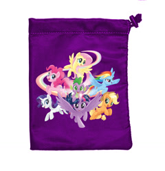 Size: 1228x1280 | Tagged: safe, applejack, fluttershy, pinkie pie, rainbow dash, rarity, spike, twilight sparkle, alicorn, dragon, earth pony, pegasus, pony, unicorn, g4, my little pony roleplaying game, official, dice bag, dragons riding ponies, female, game, male, mane seven, mane six, mare, merchandise, movie accurate, pen and paper rpg, renegade game studios, riding, rpg, simple background, smiling, stock vector, twilight sparkle (alicorn), white background