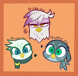 Size: 2006x1946 | Tagged: safe, artist:noupu, gabby, gilda, greta, griffon, g4, birb, female, gilda is not amused, heart, lidded eyes, looking at you, orange background, simple background, sparkles, trio, unamused