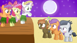 Size: 1280x720 | Tagged: safe, artist:mlplary6, apple bloom, button mash, rumble, scootaloo, sweetie belle, tender taps, earth pony, pegasus, pony, unicorn, g4, bipedal, blushing, colt, dancing, female, filly, foal, friends, full moon, hula, male, moon, ship:rumbloo, ship:sweetiemash, shipping, smiling, spread wings, straight, tenderbloom, wingboner, wings