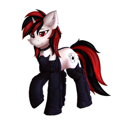 Size: 4698x4711 | Tagged: safe, alternate version, artist:flapstune, oc, oc only, oc:blackjack, cyborg, cyborg pony, pony, unicorn, fallout equestria, fallout equestria: project horizons, amputee, augmented, chest fluff, cyber eyes, cyber legs, cybernetic legs, ear fluff, fanfic art, female, fluffy, horn, level 2 (project horizons), looking at you, mare, prosthetics, simple background, small horn, solo, transparent background