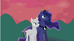 Size: 640x360 | Tagged: safe, artist:rumista, princess luna, oc, alicorn, bat pony, changeling, earth pony, pegasus, pony, unicorn, g4, absurd file size, absurd gif size, animated, blinking, commission, duo, female, gif, looking up, magic, mare, moon, night, princess, raising the moon, smiling, stars, sunset, your character here