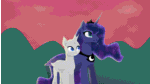 Size: 640x360 | Tagged: safe, artist:rumista, princess luna, oc, alicorn, bat pony, changeling, earth pony, pegasus, pony, unicorn, absurd file size, absurd gif size, animated, blinking, commission, duo, female, gif, looking up, mare, moon, night, princess, raising the moon, smiling, stars, sunset, your character here
