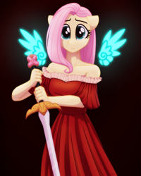 Size: 2048x2560 | Tagged: safe, artist:whitequartztheartist, fluttershy, anthro, g4, artificial wings, augmented, black background, clothes, dress, element of generosity, element of honesty, element of kindness, element of laughter, element of loyalty, element of magic, elements of harmony, floating wings, glowing, glowing wings, high res, magic, magic wings, red dress, simple background, solo, sword, weapon, wings