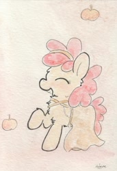 Size: 676x991 | Tagged: safe, artist:slightlyshade, apple bloom, earth pony, pony, g4, apple, clothes, dress, female, filly, foal, food, solo, traditional art