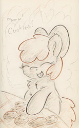 Size: 493x799 | Tagged: safe, artist:slightlyshade, apple bloom, earth pony, pony, g4, cookie, female, filly, foal, food, solo, traditional art