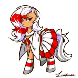 Size: 1080x1080 | Tagged: artist needed, source needed, safe, oc, oc only, oc:los hua, earth pony, pony, cloak, clothes, dress, simple background, socks, solo, striped socks, white background