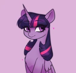 Size: 1603x1549 | Tagged: safe, artist:_alixxie_, twilight sparkle, alicorn, pony, g4, chest fluff, cute, female, heart, looking at each other, looking at someone, mare, purple, purple background, purple eyes, simple background, solo, strand hair, twiabetes, twilight sparkle (alicorn), wings