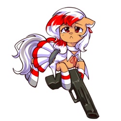 Size: 586x586 | Tagged: safe, artist:momiji90389558, oc, oc only, oc:los hua, earth pony, pony, :<, clothes, crying, cute, dress, floppy ears, gun, looking up, ponified animal photo, sad, sadorable, simple background, socks, solo, striped socks, weapon, white background
