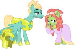 Size: 5145x3372 | Tagged: safe, artist:cloudy glow, artist:frownfactory, edit, tree hugger, zephyr breeze, earth pony, pony, g4, make new friends but keep discord, sparkle's seven, .ai available, armor, clothes, dress, female, floral head wreath, flower, helmet, hoof shoes, jewelry, male, mare, necklace, royal guard, royal guard armor, royal guard zephyr breeze, shipping, simple background, smug, stallion, straight, transparent background, vector, wings, zephyrhugger