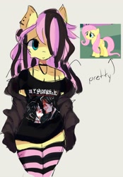 Size: 1656x2375 | Tagged: safe, artist:millie489, fluttershy, pegasus, anthro, g4, breasts, choker, cleavage, clothes, ear piercing, emo, emoshy, female, hair over one eye, my chemical romance, off shoulder, piercing, screencap reference, shirt, smiling, socks, solo, striped legwear, striped socks, t-shirt, thigh highs, zettai ryouiki