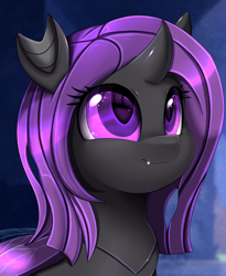 Size: 1446x1764 | Tagged: safe, alternate version, artist:pridark, oc, oc only, oc:violet rose, changeling, nymph, changeling oc, cute, cute little fangs, fangs, female, filly, foal, looking at each other, looking at someone, purple changeling, purple eyes, purple hair, smiling, solo