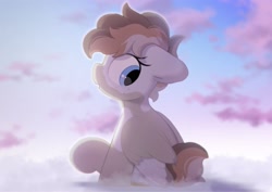 Size: 2553x1809 | Tagged: safe, artist:mochi_nation, oc, oc only, oc:sunrich maron, pegasus, pony, cloud, female, freckles, looking back, mare, on a cloud, redraw, sitting, sitting on a cloud, sky, solo