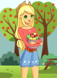 Size: 3000x4096 | Tagged: safe, artist:melonche, applejack, equestria girls, g4, apple, apple tree, boho, bucket, carrying, clothes, female, food, high res, open mouth, open smile, smiling, solo, tree