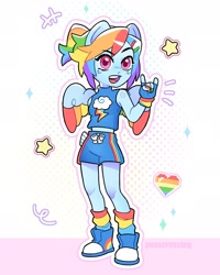 Size: 1638x2048 | Tagged: safe, artist:ponscrossing, rainbow dash, equestria girls, g4, alternate hairstyle, clothes, cute, dashabetes, devil horn (gesture), female, heart, shoes, shorts, solo, stars