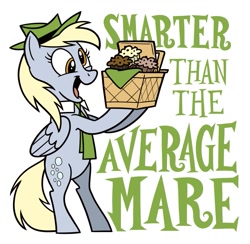 Size: 943x920 | Tagged: safe, artist:mellodillo, derpy hooves, pegasus, pony, g4, basket, bipedal, female, food, hat, mare, muffin, necktie, open mouth, open smile, picnic basket, simple background, smiling, solo, text, that pony sure does love muffins, white background, yogi bear