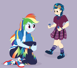 Size: 1800x1596 | Tagged: safe, artist:necrofeline, indigo zap, rainbow dash, pegasus, series:the big run, equestria girls, g4, my little pony equestria girls: friendship games, duo, duo female, energy bar, female, gray background, purple background, simple background, weight gain sequence