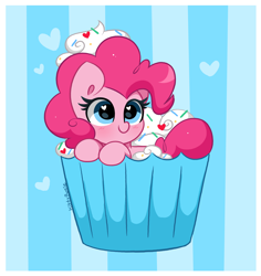 Size: 3600x3808 | Tagged: safe, artist:kittyrosie, part of a set, pinkie pie, earth pony, pony, g4, abstract background, blushing, cupcake, cupcake pony, cute, diapinkes, female, food, heart, heart eyes, high res, kittyrosie is trying to murder us, mare, simple background, smiling, solo, sprinkles, wingding eyes