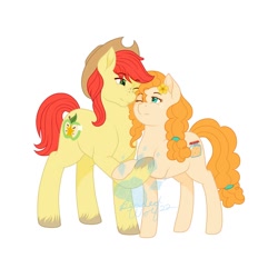 Size: 1500x1500 | Tagged: safe, artist:beadedwolf22, bright mac, pear butter, earth pony, pony, g4, female, holding hooves, male, mare, ship:brightbutter, shipping, simple background, stallion, straight, watermark, white background