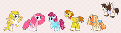 Size: 2412x680 | Tagged: safe, artist:deadmouseseverywhere, carrot cake, cup cake, pinkie pie, pound cake, pumpkin cake, surprise, earth pony, pegasus, pony, unicorn, g4, alternate design, bald face, blaze (coat marking), bow, bowtie, checkered background, coat markings, colored hooves, facial markings, female, freckles, hair bow, hair over one eye, jewelry, male, mare, necklace, older, older pound cake, older pumpkin cake, pearl necklace, rearing, socks (coat markings), stallion, tail, tail bow, the cakes, unshorn fetlocks