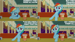 Size: 1280x720 | Tagged: safe, edit, edited screencap, editor:quoterific, screencap, honey curls, mare e. lynn, rainbow dash, earth pony, pegasus, pony, g4, season 6, the saddle row review, booth, diner, female, mare, open mouth, open smile, smiling, solo focus, text