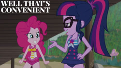 Size: 1280x720 | Tagged: safe, edit, edited screencap, editor:quoterific, screencap, pinkie pie, sci-twi, twilight sparkle, equestria girls, g4, my little pony equestria girls: better together, x marks the spot, bare shoulders, beach, clothes, duo, duo female, female, geode of sugar bombs, geode of telekinesis, glasses, grin, hand on hip, jewelry, magical geodes, necklace, one-piece swimsuit, open mouth, open smile, pinkie pie swimsuit, ponytail, sci-twi swimsuit, sleeveless, smiling, swimsuit, text