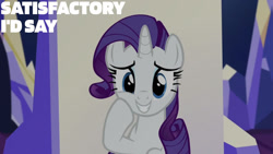 Size: 1280x720 | Tagged: safe, edit, edited screencap, editor:quoterific, screencap, rarity, pony, unicorn, g4, party pooped, season 5, female, grin, mare, smiling, solo, text, twilight's castle