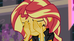 Size: 3410x1920 | Tagged: safe, screencap, sunset shimmer, equestria girls, g4, my little pony equestria girls: friendship games, canterlot high, clothes, eyes closed, female, high res, jacket, leather, leather jacket, solo