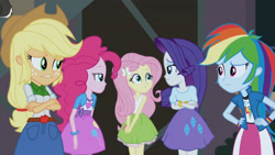 Size: 3410x1920 | Tagged: safe, screencap, applejack, fluttershy, pinkie pie, rainbow dash, rarity, equestria girls, g4, my little pony equestria girls: friendship games, applejack's hat, belt, bracelet, clothes, cowboy hat, crossed arms, cutie mark on clothes, denim skirt, female, hairpin, hand on hip, hat, high res, humane five, jewelry, legs together, skirt