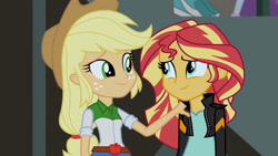 Size: 3410x1920 | Tagged: safe, screencap, applejack, sunset shimmer, equestria girls, friendship games, applejack's hat, belt, clothes, cowboy hat, denim skirt, duo, duo female, female, hat, high res, jacket, leather, leather jacket, looking at each other, skirt, smiling, smiling at each other