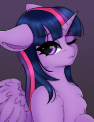 Size: 1524x1976 | Tagged: safe, artist:munrei, twilight sparkle, alicorn, pony, g4, chest fluff, female, horn, human shoulders, mare, one eye closed, shoulder fluff, simple background, solo, twilight sparkle (alicorn), wings