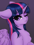 Size: 1524x1976 | Tagged: safe, artist:munrei, twilight sparkle, alicorn, pony, g4, chest fluff, female, horn, one eye closed, simple background, solo, twilight sparkle (alicorn), wings