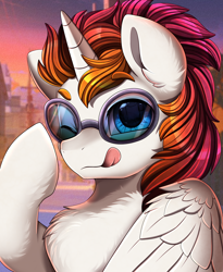 Size: 1446x1764 | Tagged: safe, artist:pridark, oc, oc only, oc:amplitude, alicorn, pony, :p, alicorn oc, bust, chest fluff, commission, cute, glasses, horn, ocbetes, portrait, smiling, solo, tongue out, wings
