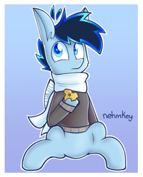 Size: 995x1230 | Tagged: safe, artist:nehmkey, oc, oc:snuggle sparkle pony, pegasus, pony, clothes, male, scarf, solo