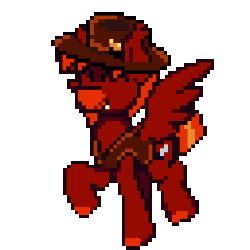 Size: 256x256 | Tagged: safe, artist:bitassembly, oc, oc:lance longmane, goat, pegasus, pony, fallout equestria, fallout equestria: equestria the beautiful, animated, blaze (coat marking), blue fire, bullet, clothes, coat markings, commission, cowboy hat, cute, cute little fangs, dancing, ear fluff, eyes closed, facial hair, facial markings, fallout equestria oc, fangs, fire, flapping, flapping wings, gif, gift art, happy, happy dance, hat, hooves, jacket, leather, leather jacket, male, meteor, muzzle, orange eyes, orange mane, orange tail, pixel art, red coat, red mane, simple background, smiling, solo, sprite, stallion, tail, tippy taps, transparent background, trotting, trotting in place, vest, wings