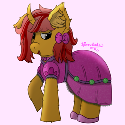 Size: 2000x2000 | Tagged: safe, artist:spiroudada, oc, oc only, oc:dolly hooves, oc:silk glove, pony, unicorn, clothes, crossdressing, cute, dress, embarrassed, high res, male, pink, ponysona, ribbon, shoes, simple background, smiling, solo, stallion
