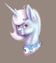 Size: 1900x2111 | Tagged: safe, artist:miurimau, oc, oc only, pony, unicorn, brown background, ear piercing, horn, peytral, piercing, simple background, solo, unicorn oc