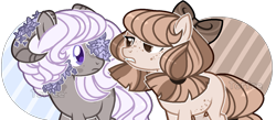 Size: 1351x591 | Tagged: safe, artist:toffeelavender, oc, oc only, earth pony, pony, base used, bow, duo, earth pony oc, flower, flower in hair, hair bow, horns, looking back, simple background, transparent background